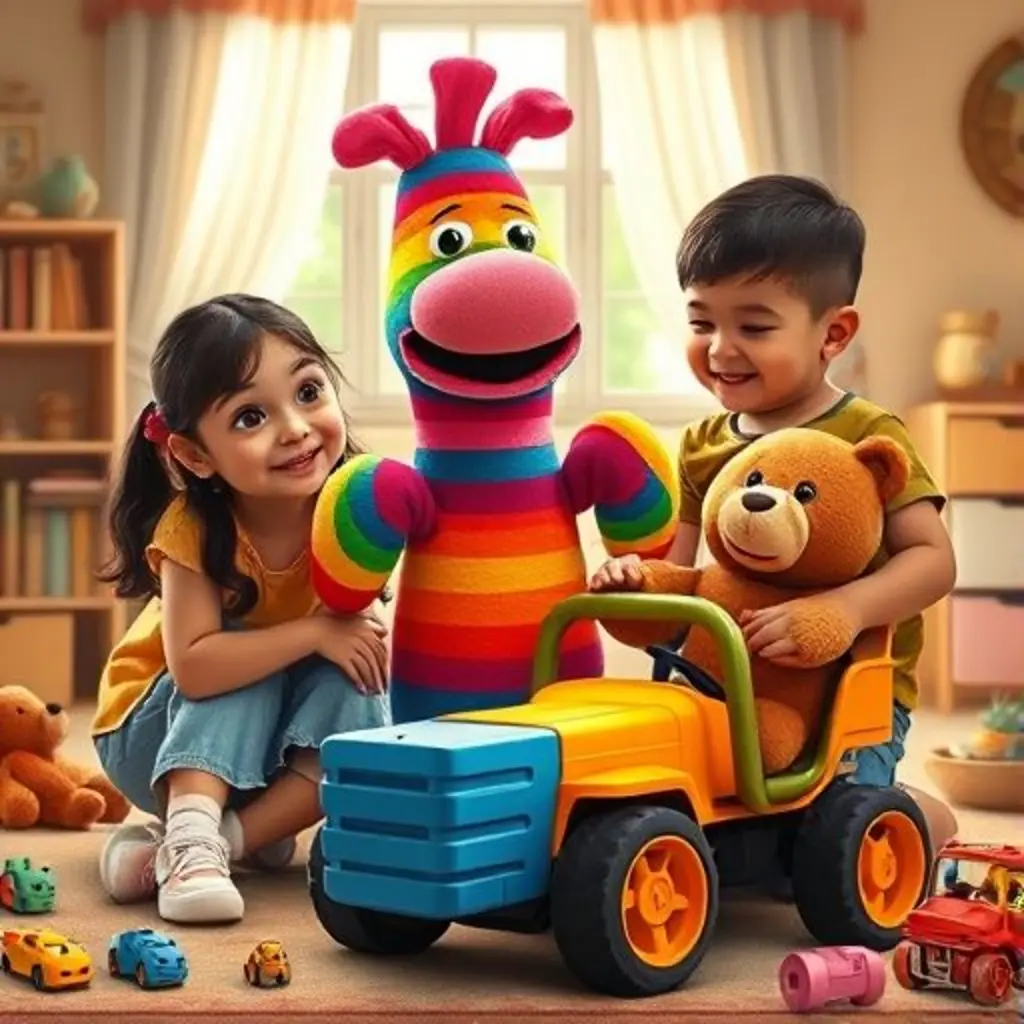 Rayitas con rayas de arcoíris, luego naranjas y rosas, mientras Sofía y Leo juegan juntos con un oso y un camión.