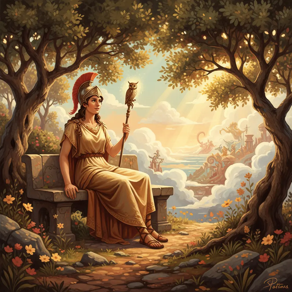 Atenea, la diosa de la sabiduría, observa el mundo del Olimpo con una expresión pensativa entre los olivos.