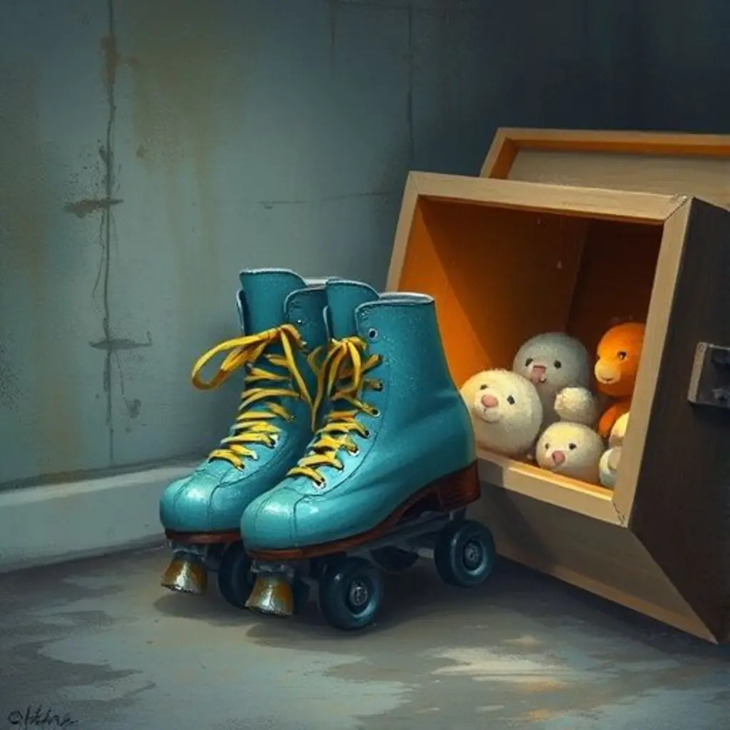 Patines viejos y tristes en un sótano polvoriento, con una caja cayéndose cerca.