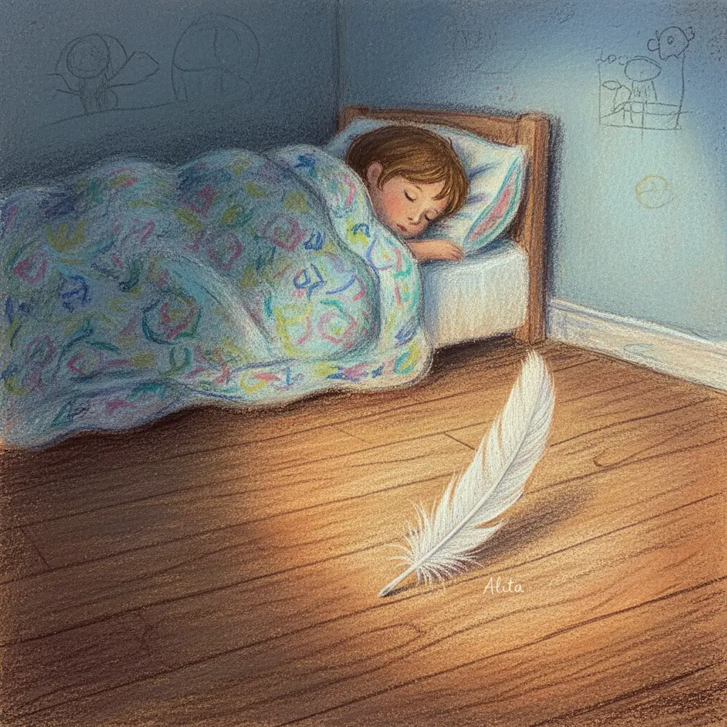 Alita, una pequeña pluma blanca, yace solitaria en el suelo de madera junto a la cama de un niño dormido, en una habitación con luz tenue.
