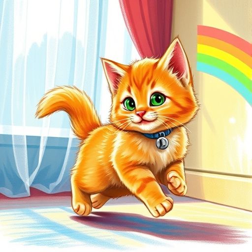 Miau el gatito juega felizmente, persiguiendo rayas de arcoíris en la pared que él mismo creó.