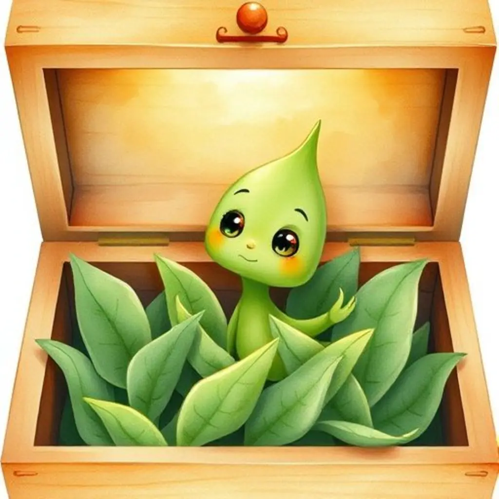 A small green tea leaf named Verde rests inside a wooden tea box, looking thoughtful and dreaming.