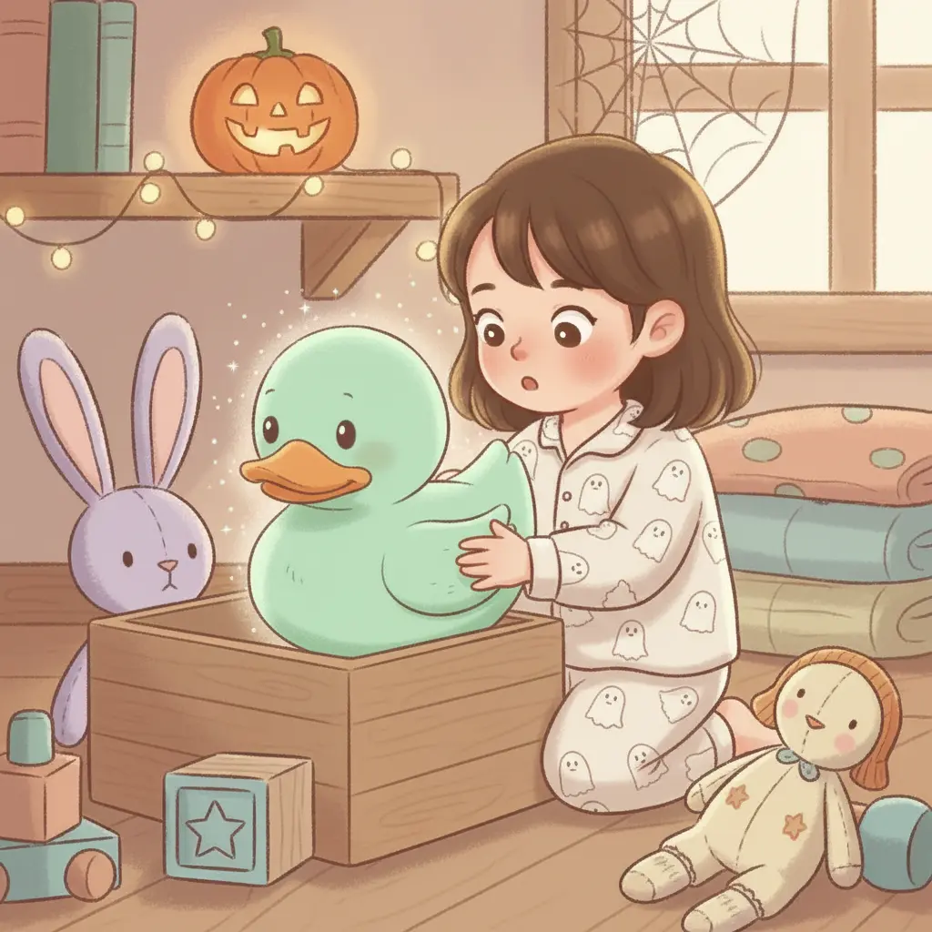 Una niña con pijama de fantasmas encuentra a Patito de Menta en la caja de juguetes.