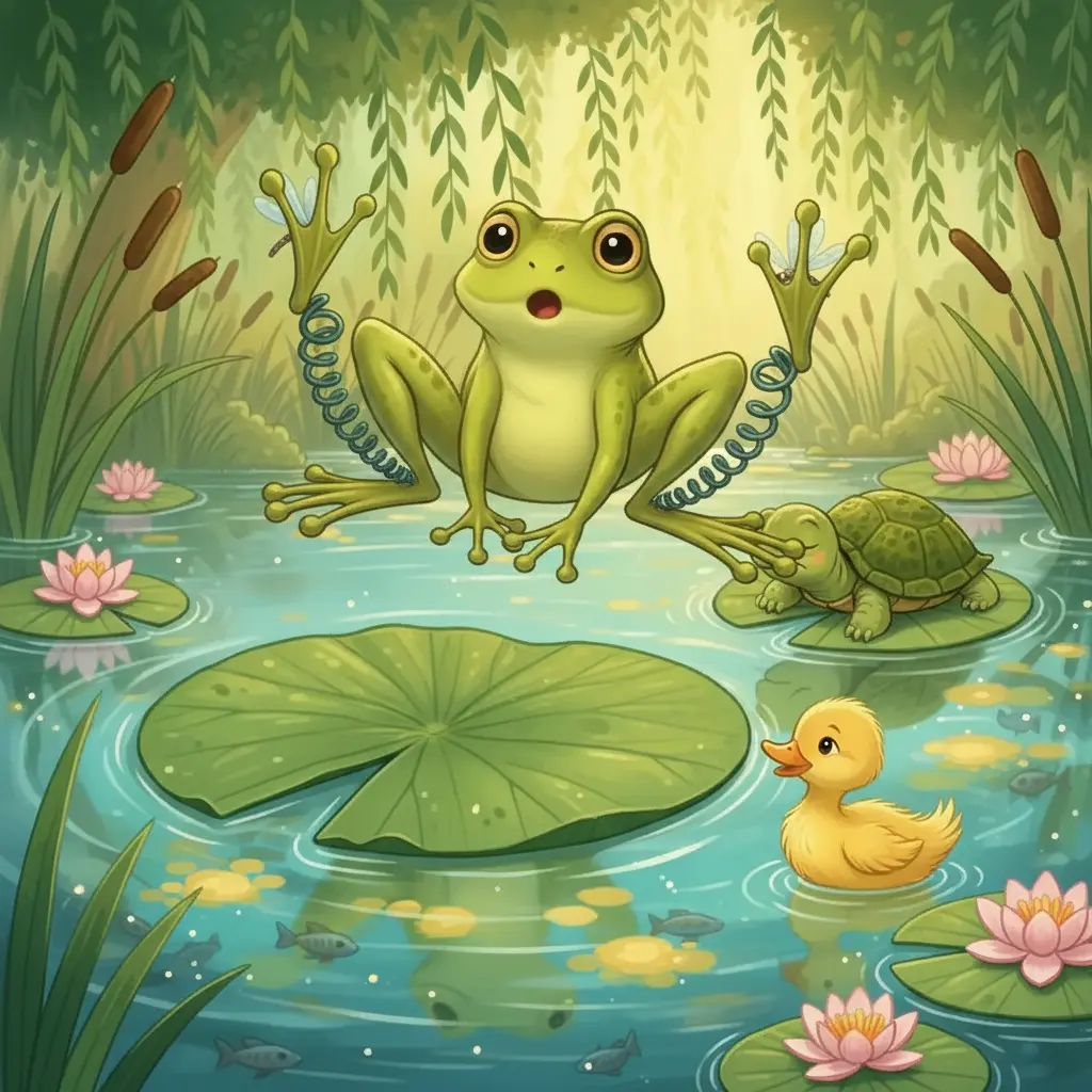 Sapo Saltarín salta demasiado lejos, aterrizando en musgo o sobre una tortuga.