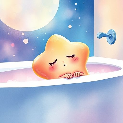 Estrellita Jabonosa descansa en el borde de la bañera, rodeada por un suave brillo multicolor de sus burbujas mágicas.