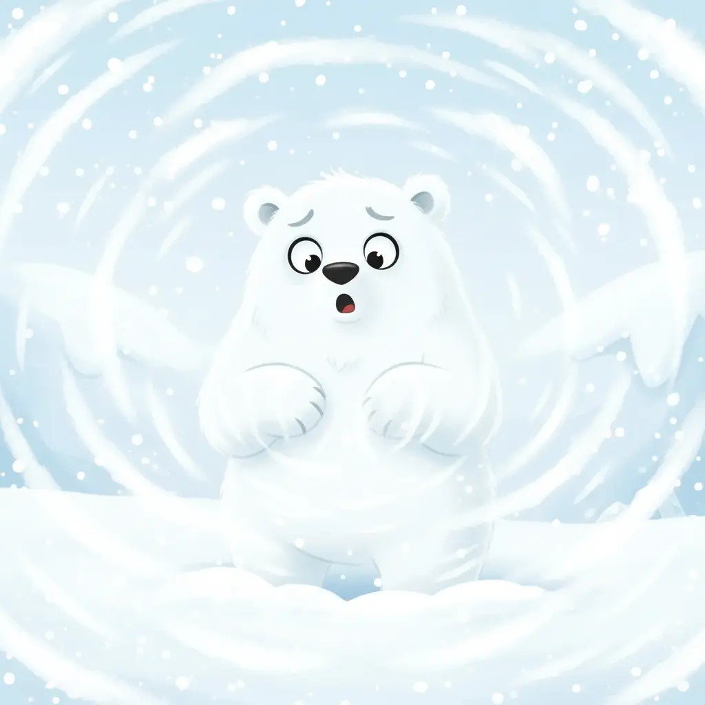 Casper el oso polar, con una expresión de sorpresa, mientras sus patas y nariz comienzan a desvanecerse en la nieve blanca.