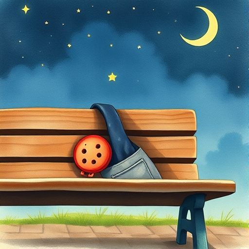 Redondo, un botón, asomándose de un bolsillo en un banco de parque bajo la luna y las estrellas.