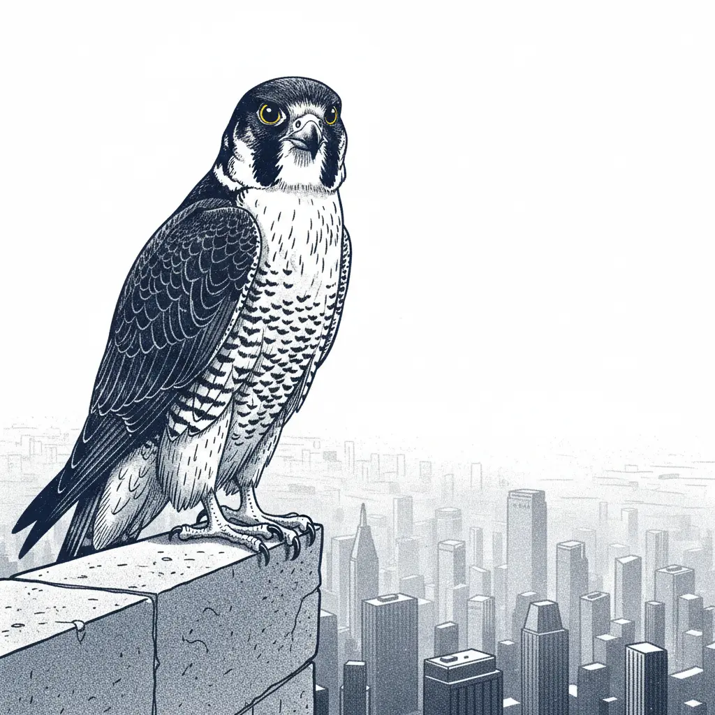 Un halcón peregrino vigila desde la cornisa de un edificio alto.