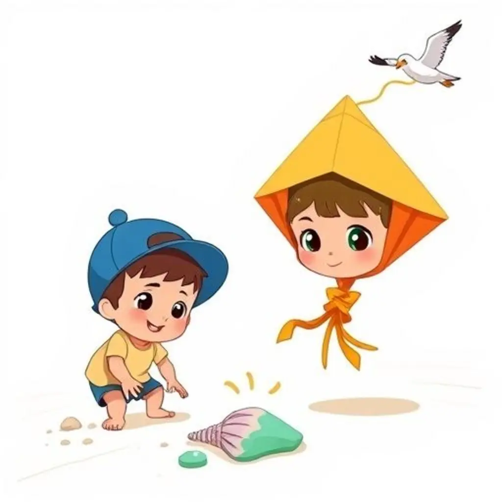 Nuditos vuela cerca de un niño que encuentra una concha brillante gracias a sus rasguños en la arena.