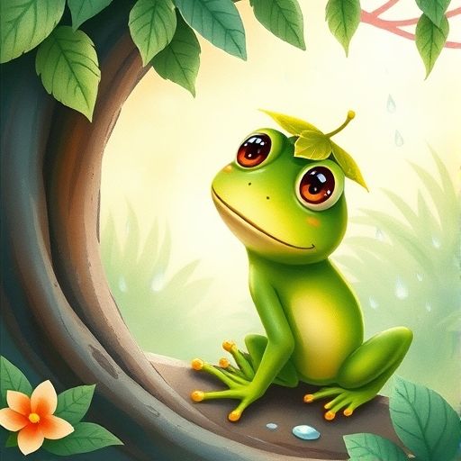 Una ranita verde llamada Salto mira el jardín mojado después de la lluvia.