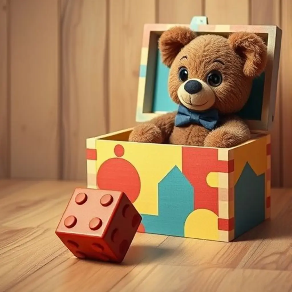 Bloque, el ladrillo rojo, rueda fuera de la caja de juguetes mientras Osito Sabio lo observa.