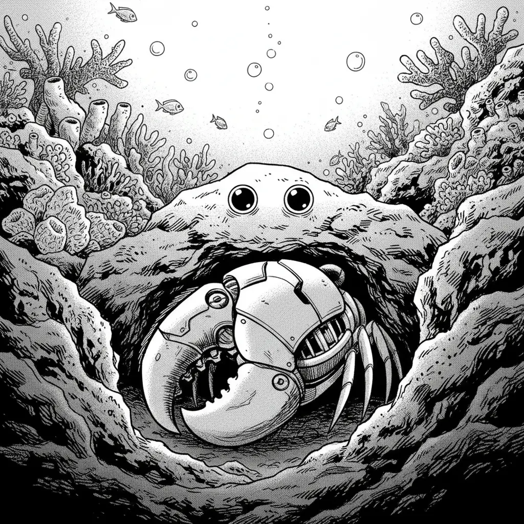 El camarón tranquilo dentro de su agujero, con su gran pinza descansando sobre la arena.