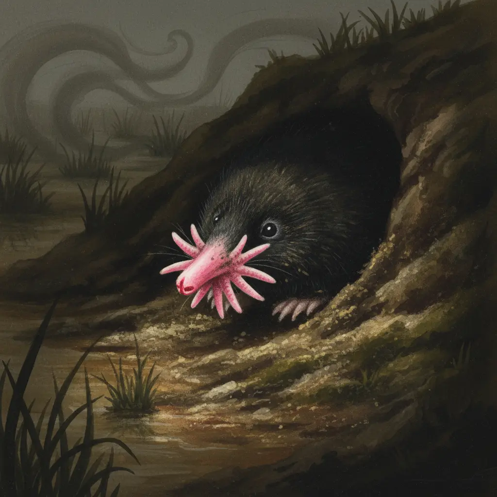 Primer plano de la nariz rosa en forma de estrella de un topo tocando el barro oscuro.