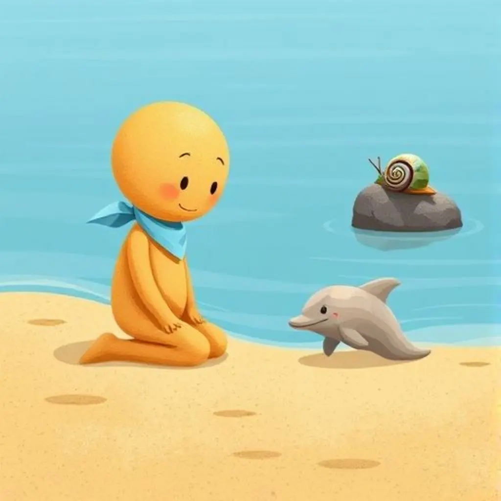Granito observa un delfín de arena cobrar vida en la orilla del mar.