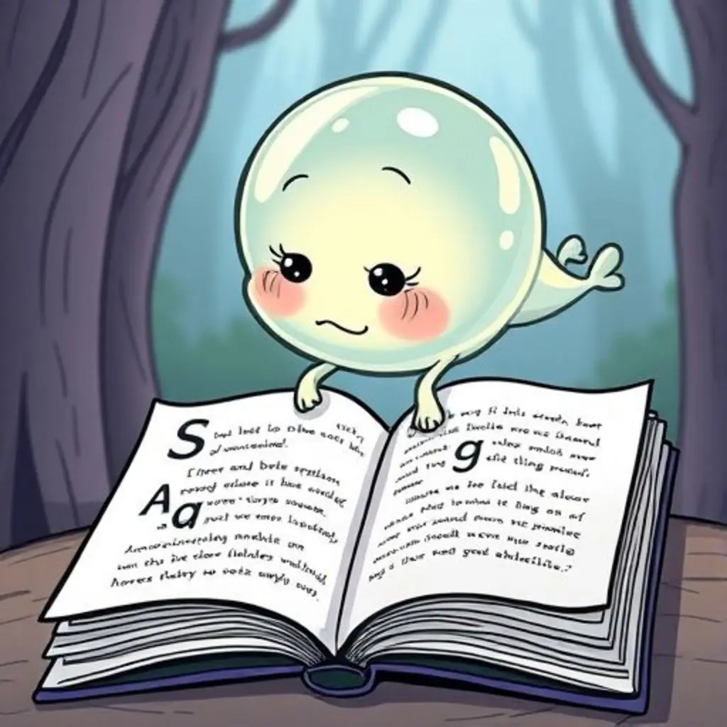 Burbuja Pensante flota sobre un libro de cuentos abierto.