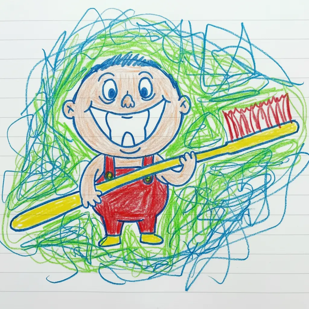 Un niño pequeño con un diente enorme arrastra un cepillo de dientes más largo que un tren.