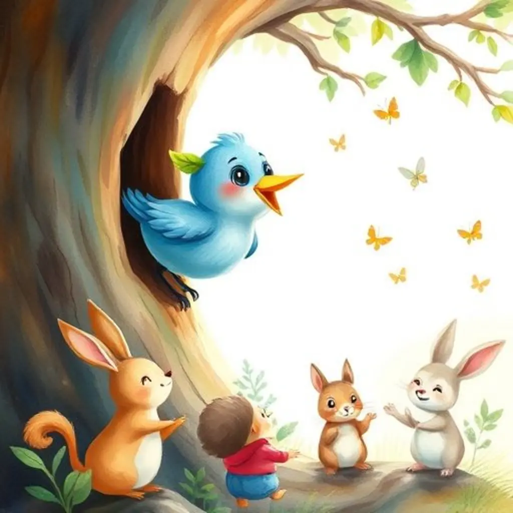 Pío cantando feliz dentro del árbol, mientras los animales bailan y aplauden afuera.