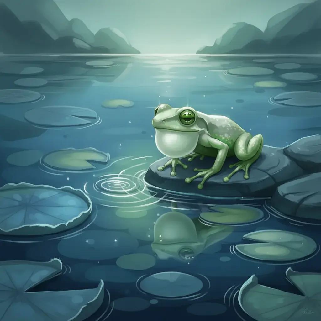 Una pequeña ranita de un verde vibrante se asoma con curiosidad a un lago de tonos azules profundos.