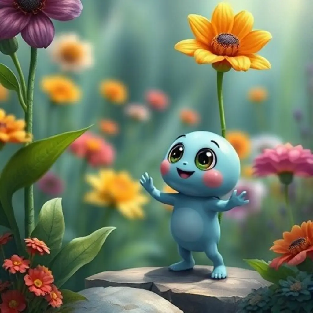 Gomito, una gelatina azul, mira con emoción una flor gigante y tambaleante.