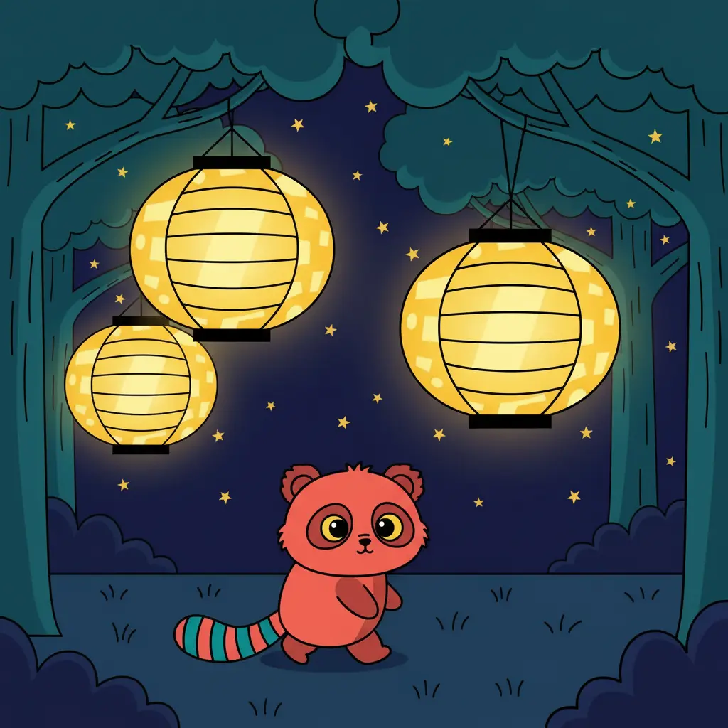 Rumi camina por un bosque nocturno lleno de grandes faroles amarillos que cuelgan de árboles oscuros.