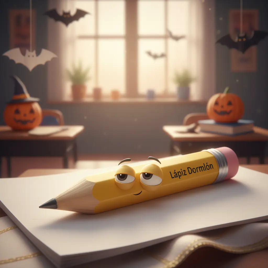 Un lápiz dormilón bosteza sobre un papel blanco en un aula decorada para Halloween.