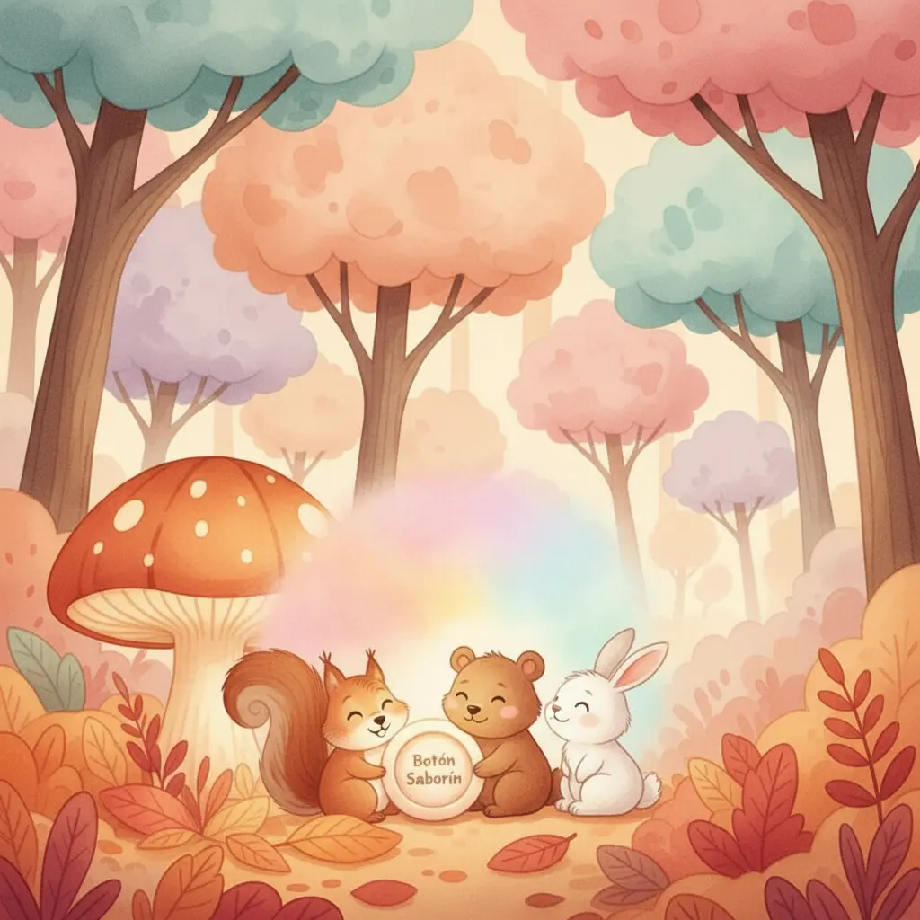 Botón Saborín rodeado de animales felices, encontrando su propósito.