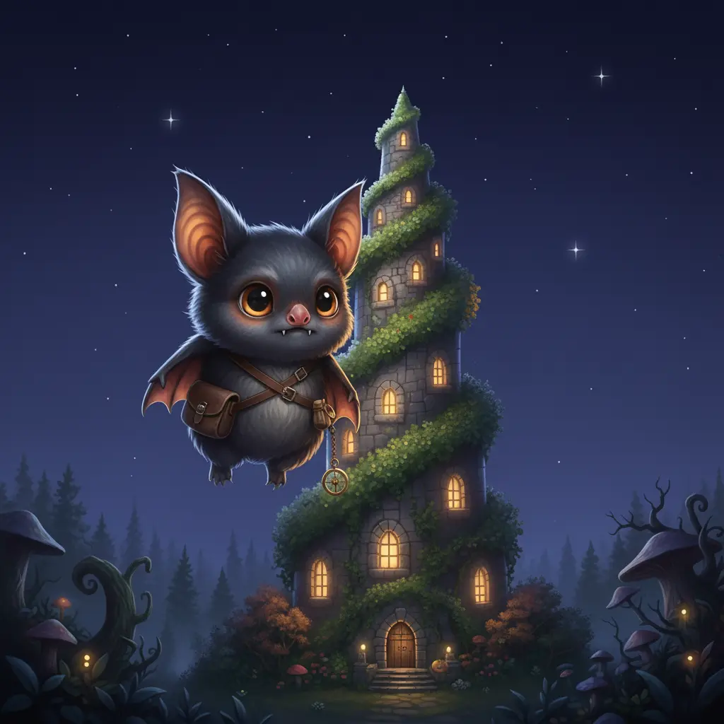 Oliver el murciélago volando en círculos cerca de una torre antigua en la noche.