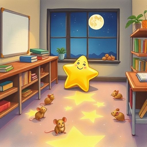 Luminoso descansa feliz rodeado de ratoncitos jugando en un camino de estrellas.