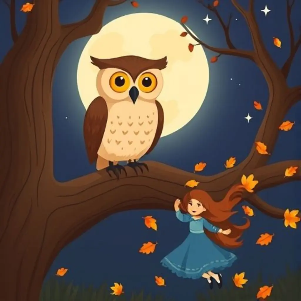 Un búho sabio observa a una niña bailar con hojas bajo la luna.