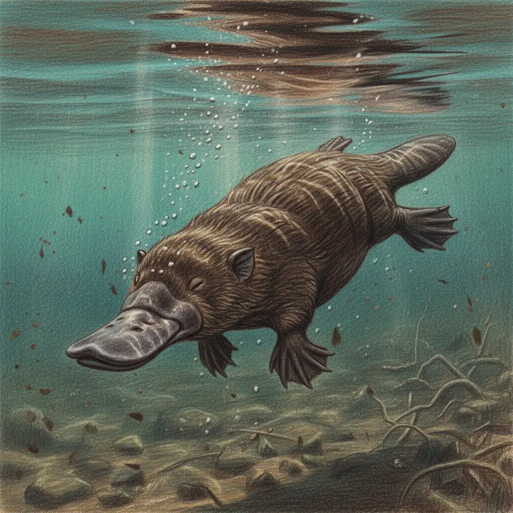 El ornitorrinco buceando con los ojos cerrados y moviendo su pico bajo el agua.