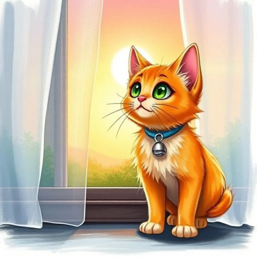 Miau el gatito mirando fascinado una ventana con cortinas transparentes y un brillo de luz.