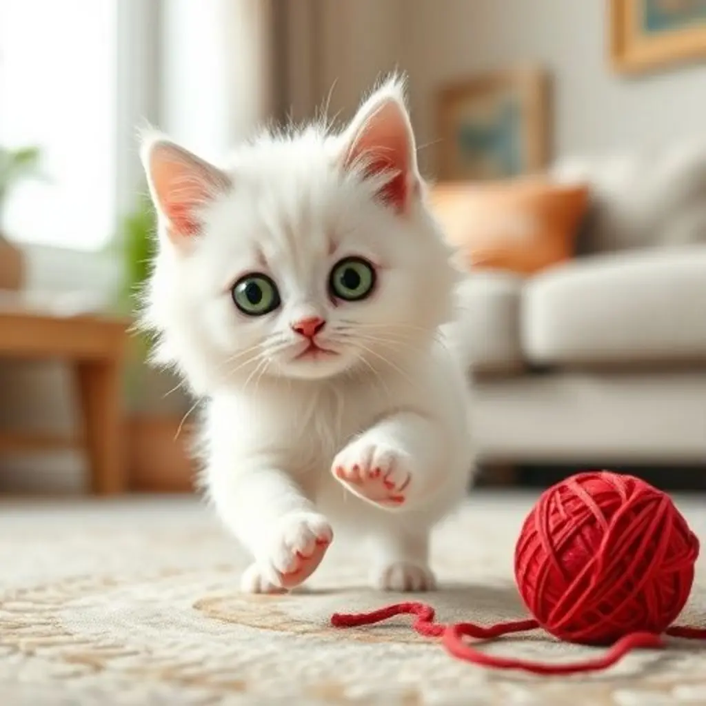 Bigotes, un gatito blanco, persigue un hilo rojo en el salón.
