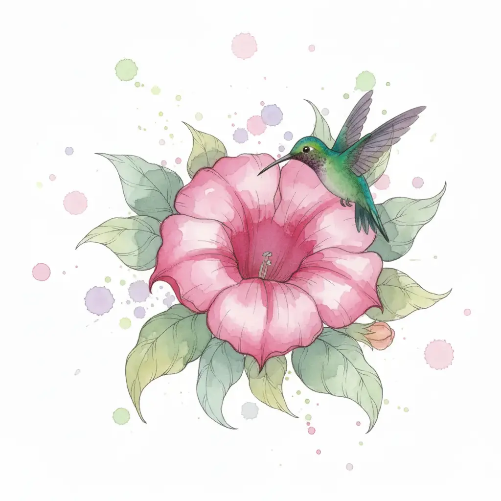 El colibrí muestra casi todo su cuerpo y su pequeña cola, pero sus alas son un borrón de movimiento.