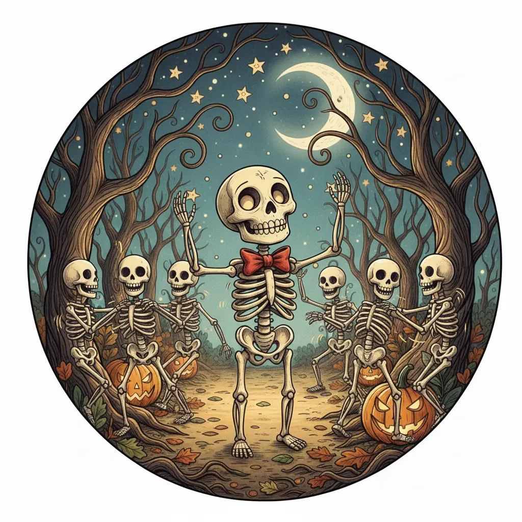 Huesitos sonríe y dirige a sus amigos esqueletos, quienes bailan un divertido vals desarticulado bajo un cielo estrellado, rodeados de luces cálidas de Halloween.