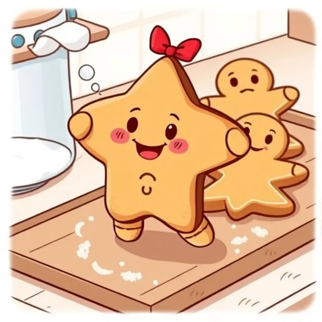 Jengibrín, una galleta de jengibre, intentando saltar cómicamente en la bandeja mientras otras galletas lo miran.