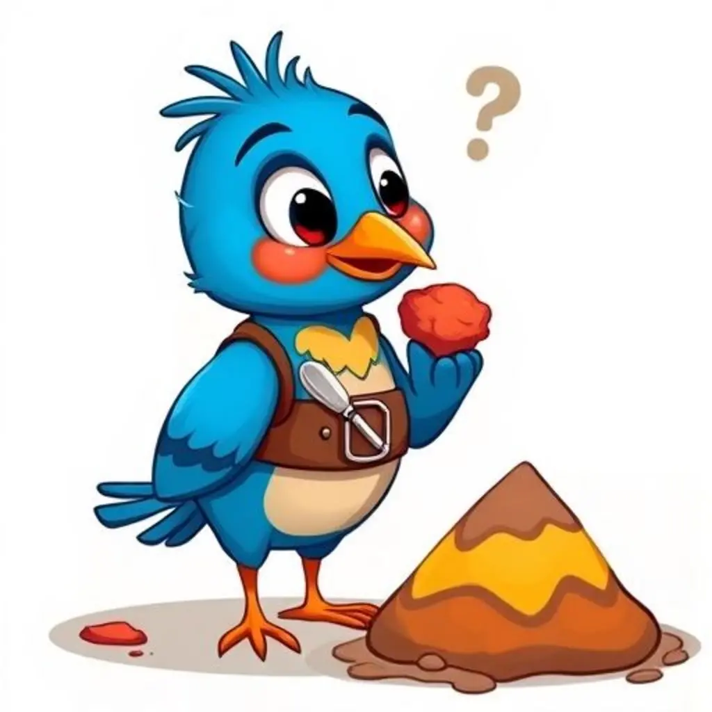 Barrito sostiene barro rojo en su pico, pensando mientras mira montones de barro de otros colores.