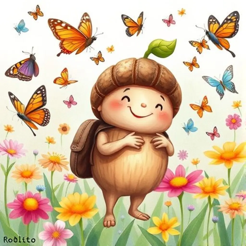 Roblito sonríe mientras mariposas de muchos colores y tamaños encuentran flores gracias a su tambor.