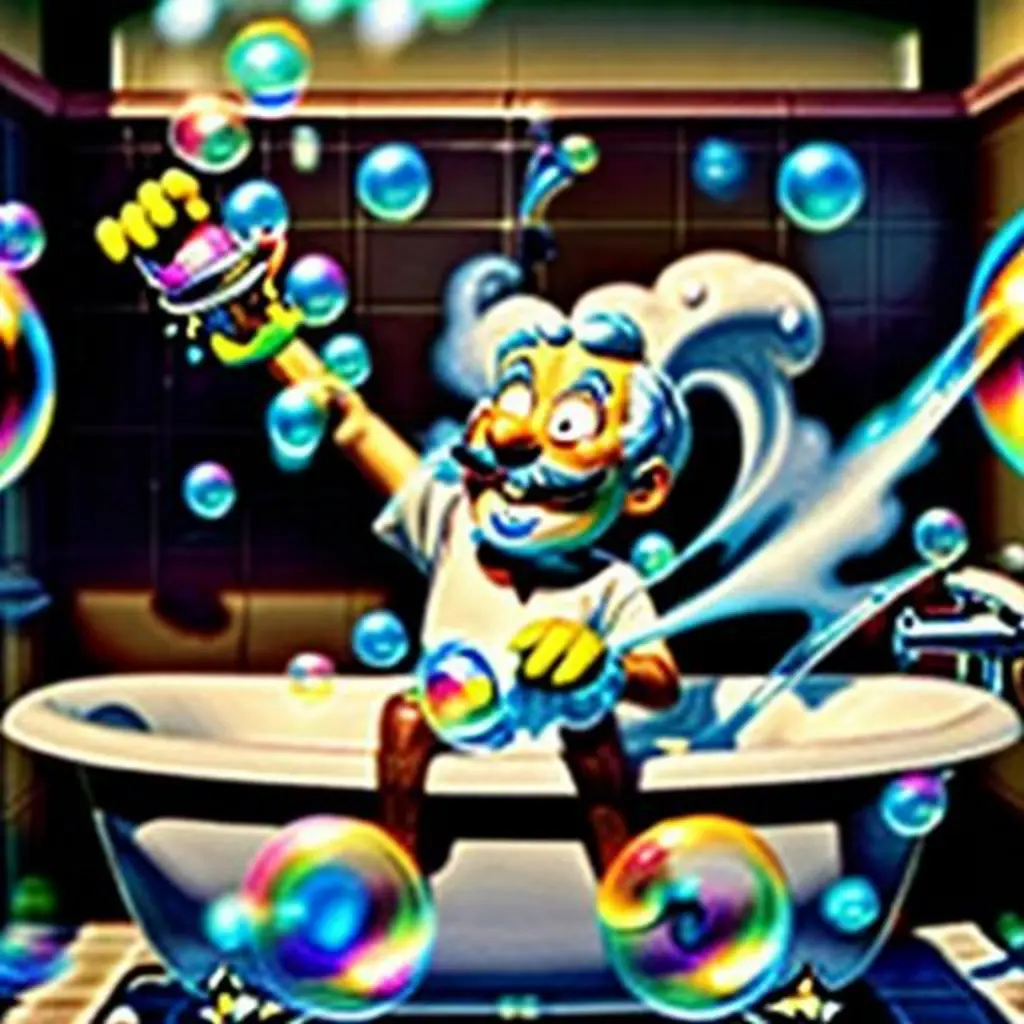 Bigotes y la abuela crean burbujas para Leo en la bañera, llenando el aire de risas.