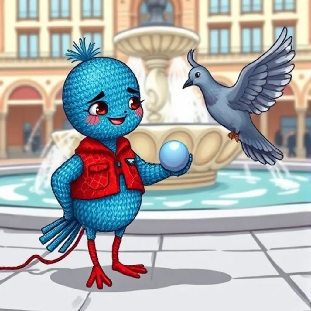 Una paloma amigable empuja el botón brillante hacia Tapito, que sonríe.