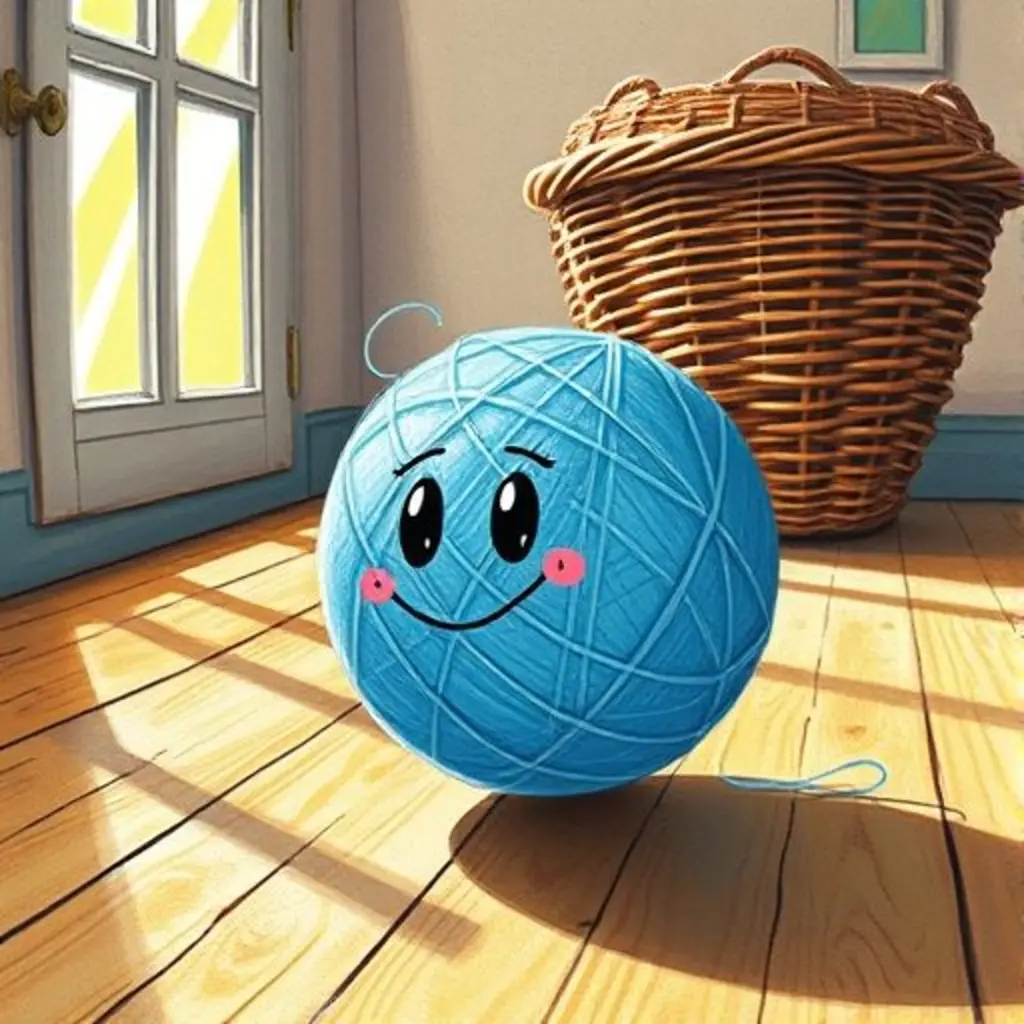 Bolita, una bola de hilo azul, rueda felizmente por el suelo de madera, escapando de un cesto de costura.