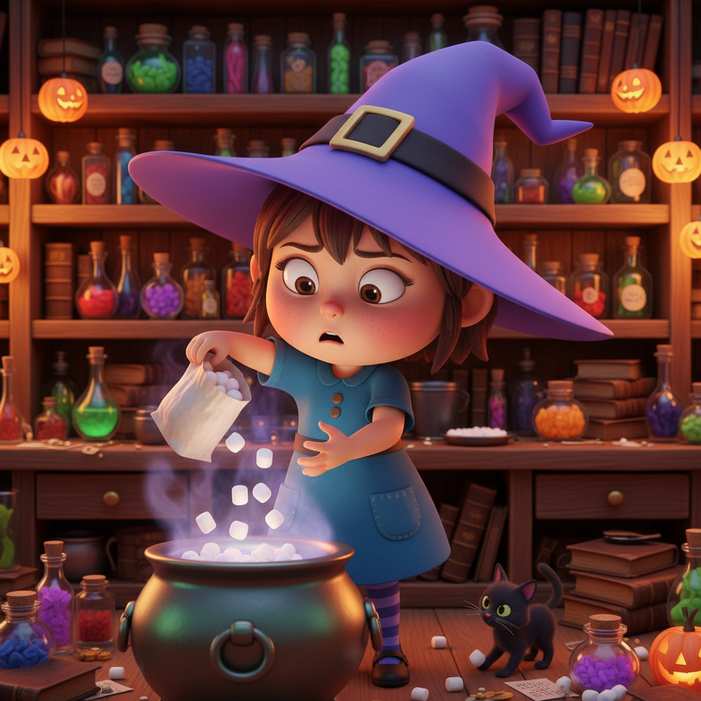 Lila, una brujita risueña, en su cocina llena de luces de calabaza, con su sombrero puntiagudo a punto de caerse mientras accidentalmente deja caer malvaviscos en su caldero burbujeante.