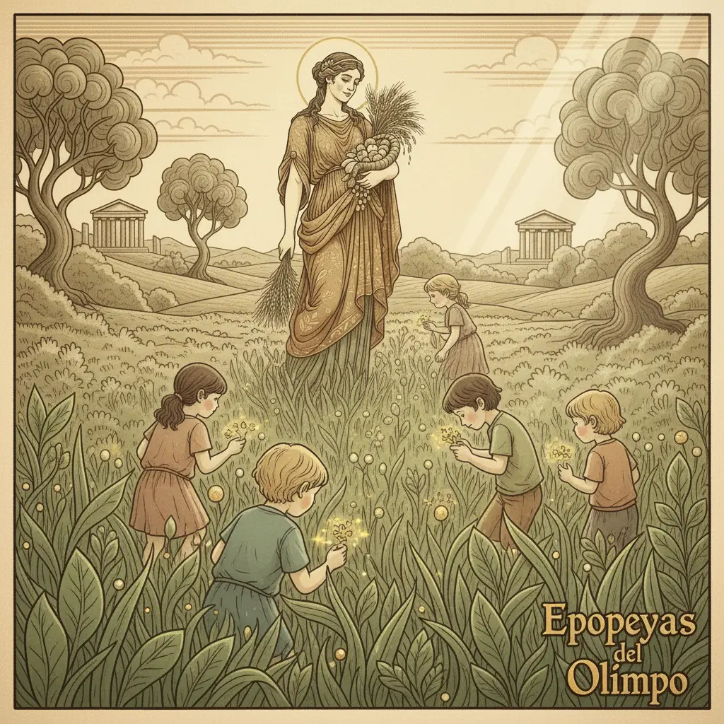 Niños pequeños descubriendo tesoros brillantes escondidos entre la hierba, bajo la atenta mirada de Deméter.