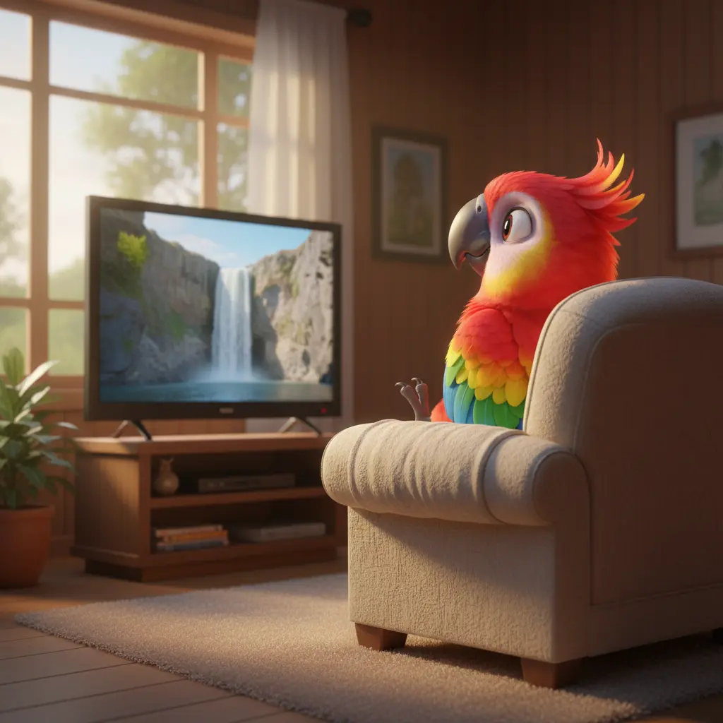 Lolo, un loro de colores vibrantes, sentado en un sillón, fascinado por un documental de animales en la televisión.