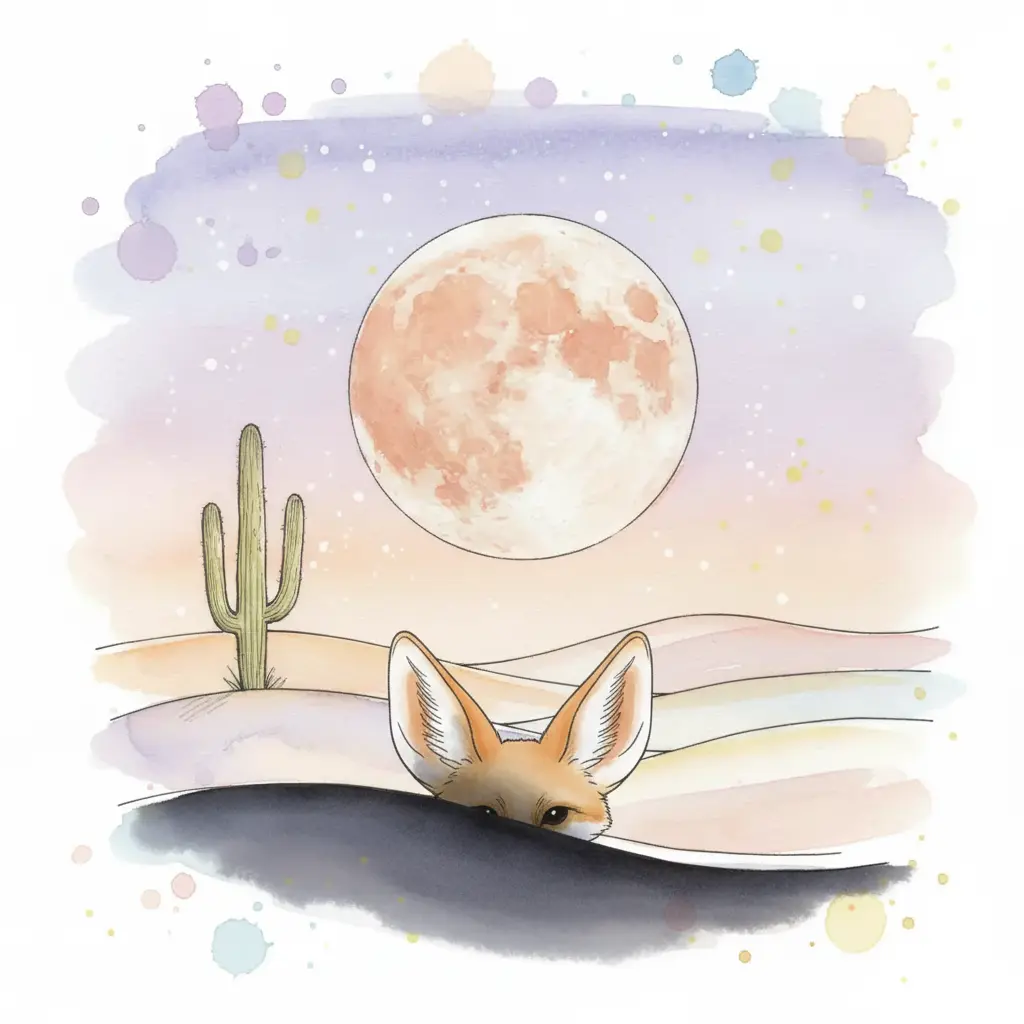 Dos orejas grandes y puntiagudas asoman desde una sombra en el desierto.