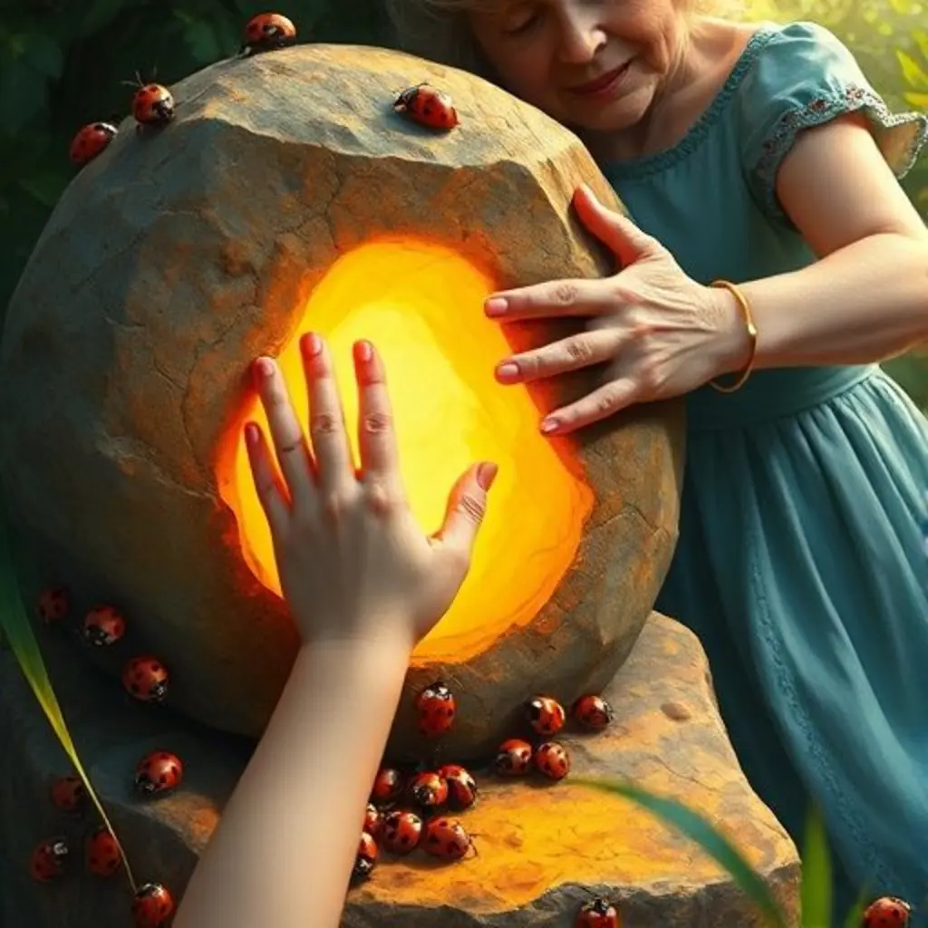 El niño toca Guijarro Mágico y recibe un abrazo de la abuela, sintiendo la magia del jardín.