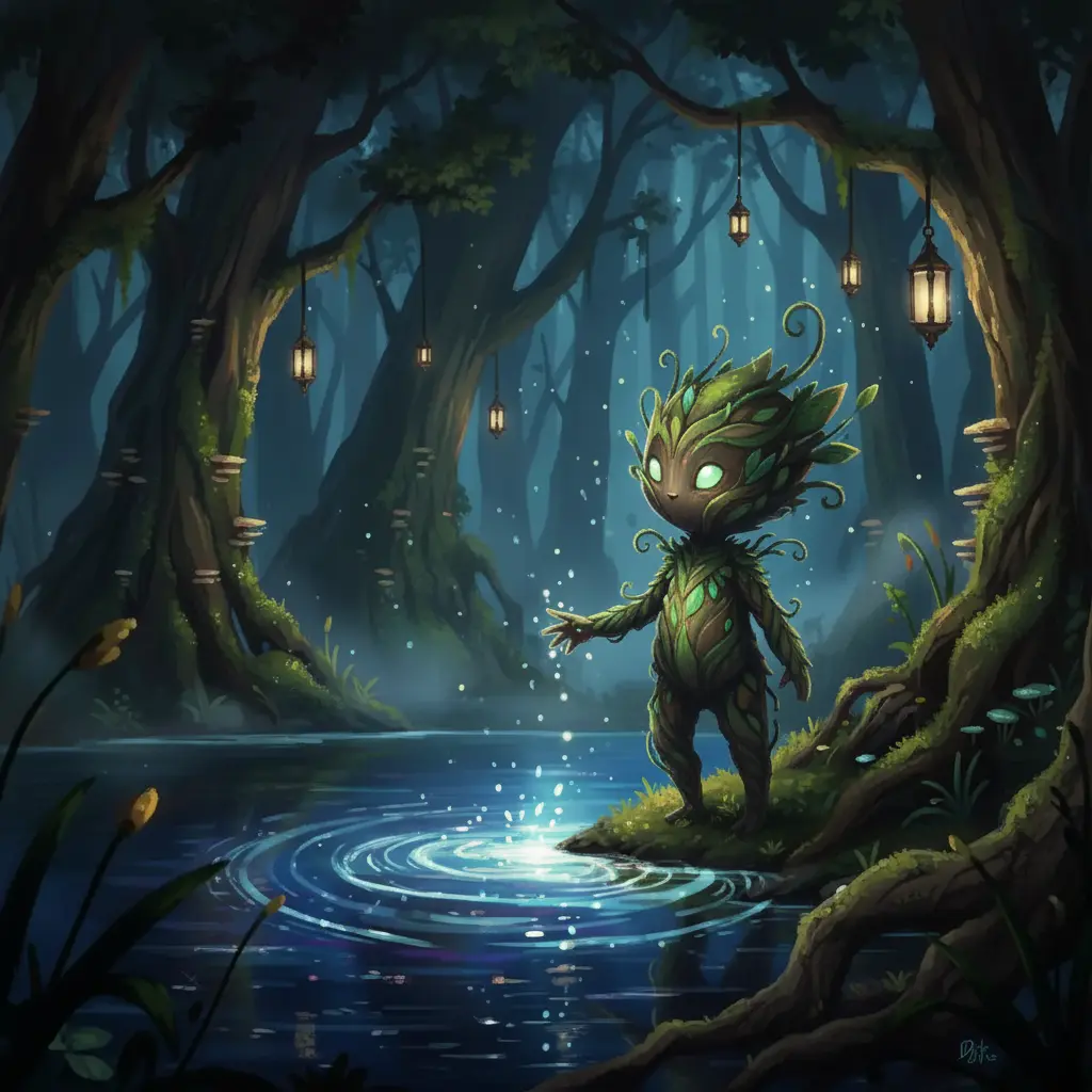 El espíritu, lleno de asombro, se acerca al lago brillante, listo para descubrir el secreto que le espera.