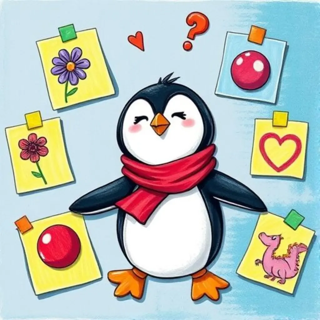 Pinguín el imán, rodeado de notas, con una expresión cómica y la cabeza llena de ideas.