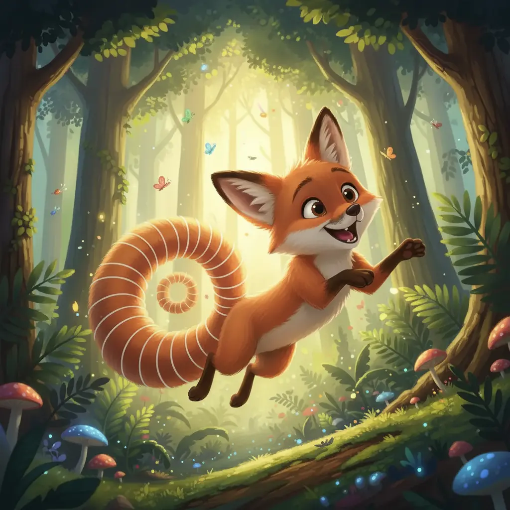 El zorrito Juguetón salta feliz entre los arbustos.