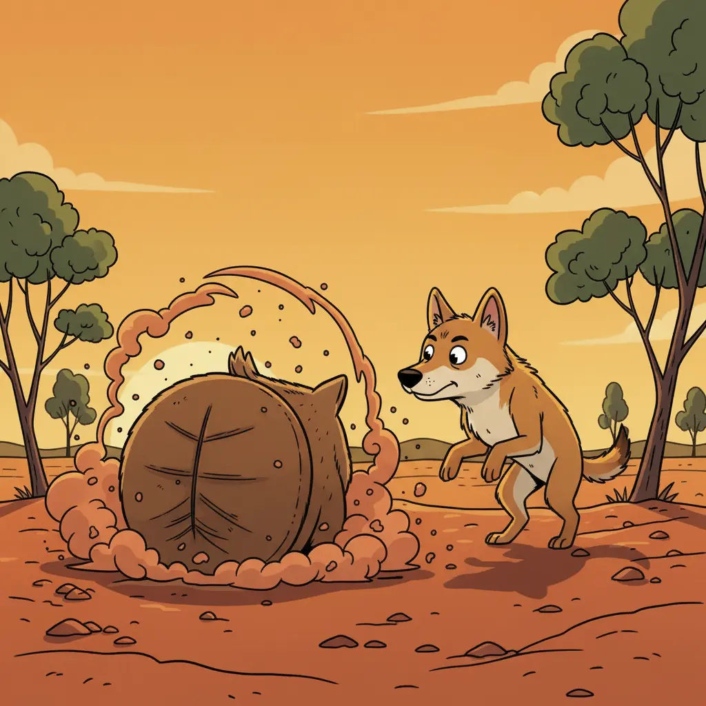 El vombato bloqueando la entrada de su madriguera con su parte trasera mientras un dingo intenta entrar.