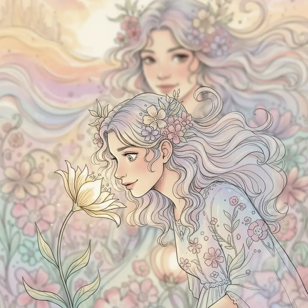 Una flor especial le susurra un secreto a Perséfone, que escucha con curiosidad.